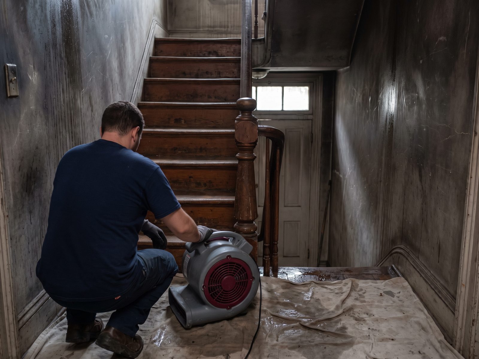 Water and soot in a row-house stair hall Water running down soot-streaked plaster in a stair hall as a technician sets an air mover at the foot of the stairs.