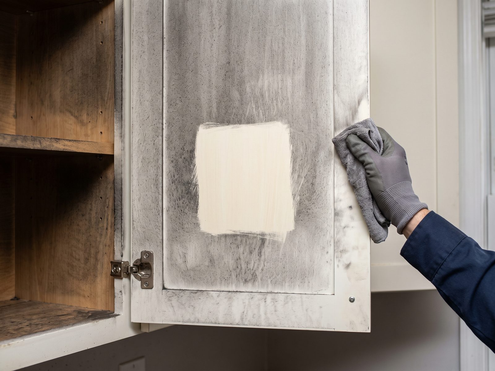 Soot film inside a kitchen cabinet Soot film on the inside of a kitchen cabinet door with a wiped test patch showing the clean surface beneath.