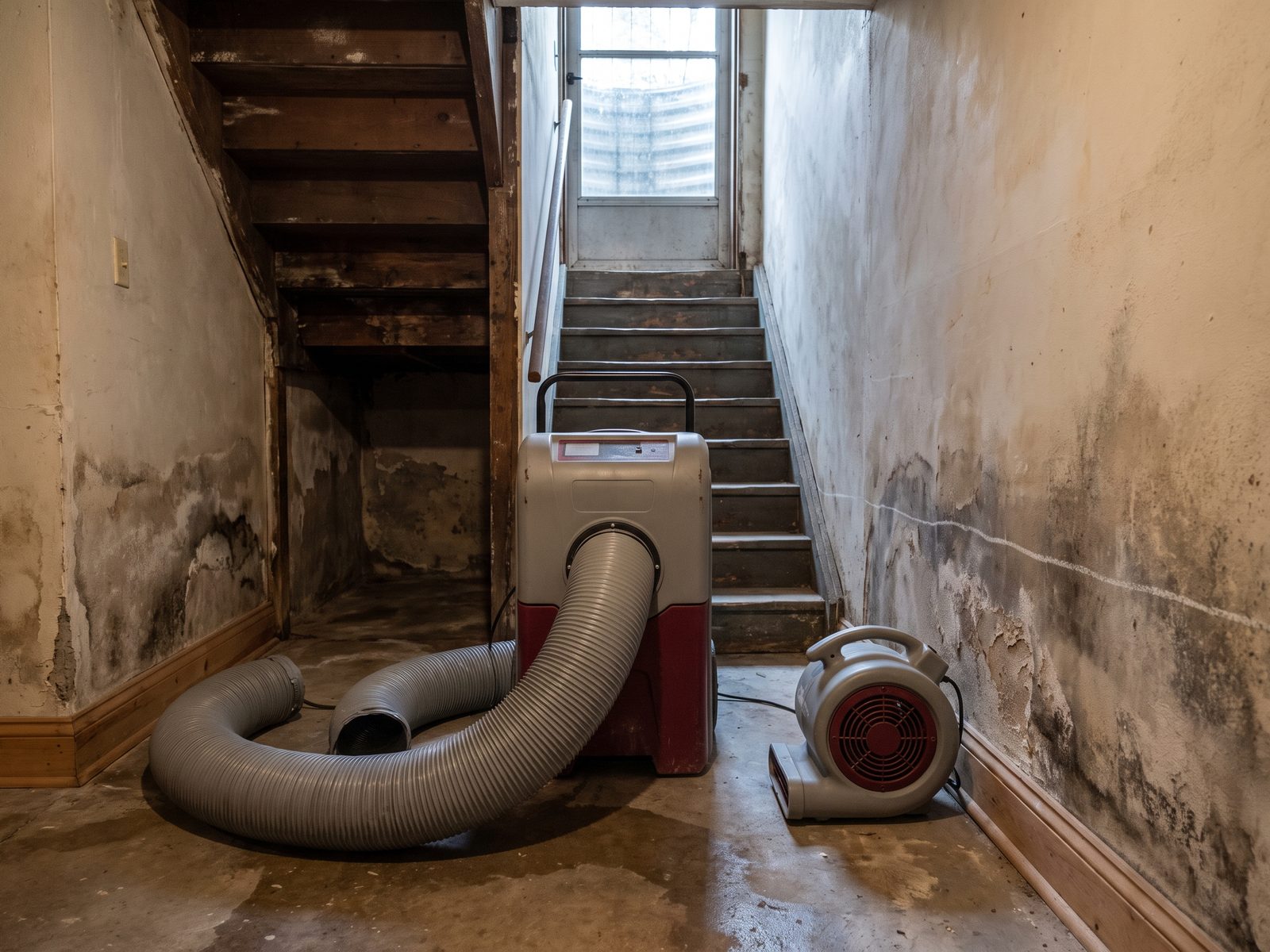 Drying equipment in an English basement after a fire Dehumidifier and ducting set at the foot of a row-house basement stair with a drying line marked on the wet plaster wall.