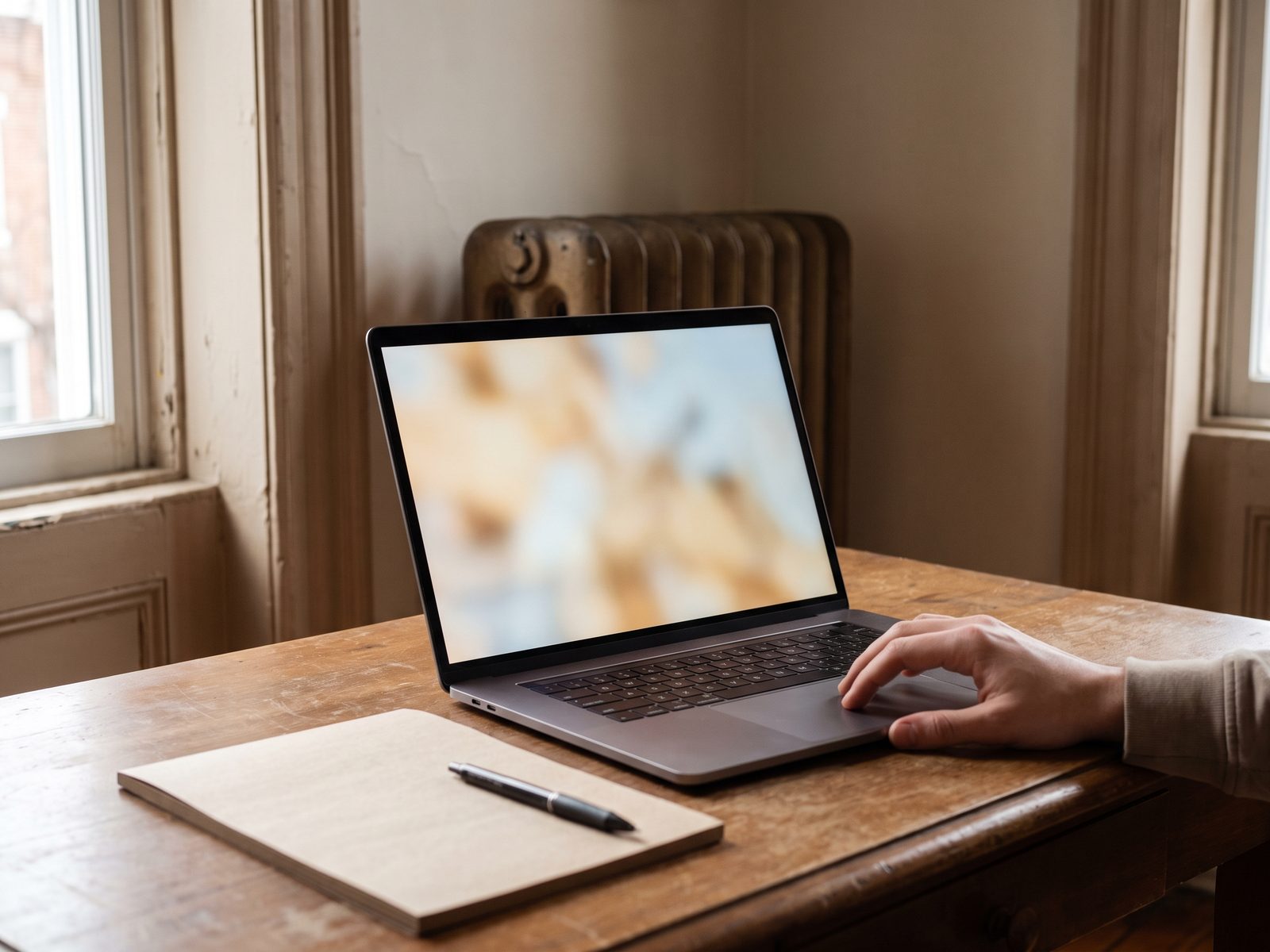 Looking up a property on a flood map Laptop open on a desk beside a notepad and pen, with a hand resting on the trackpad.
