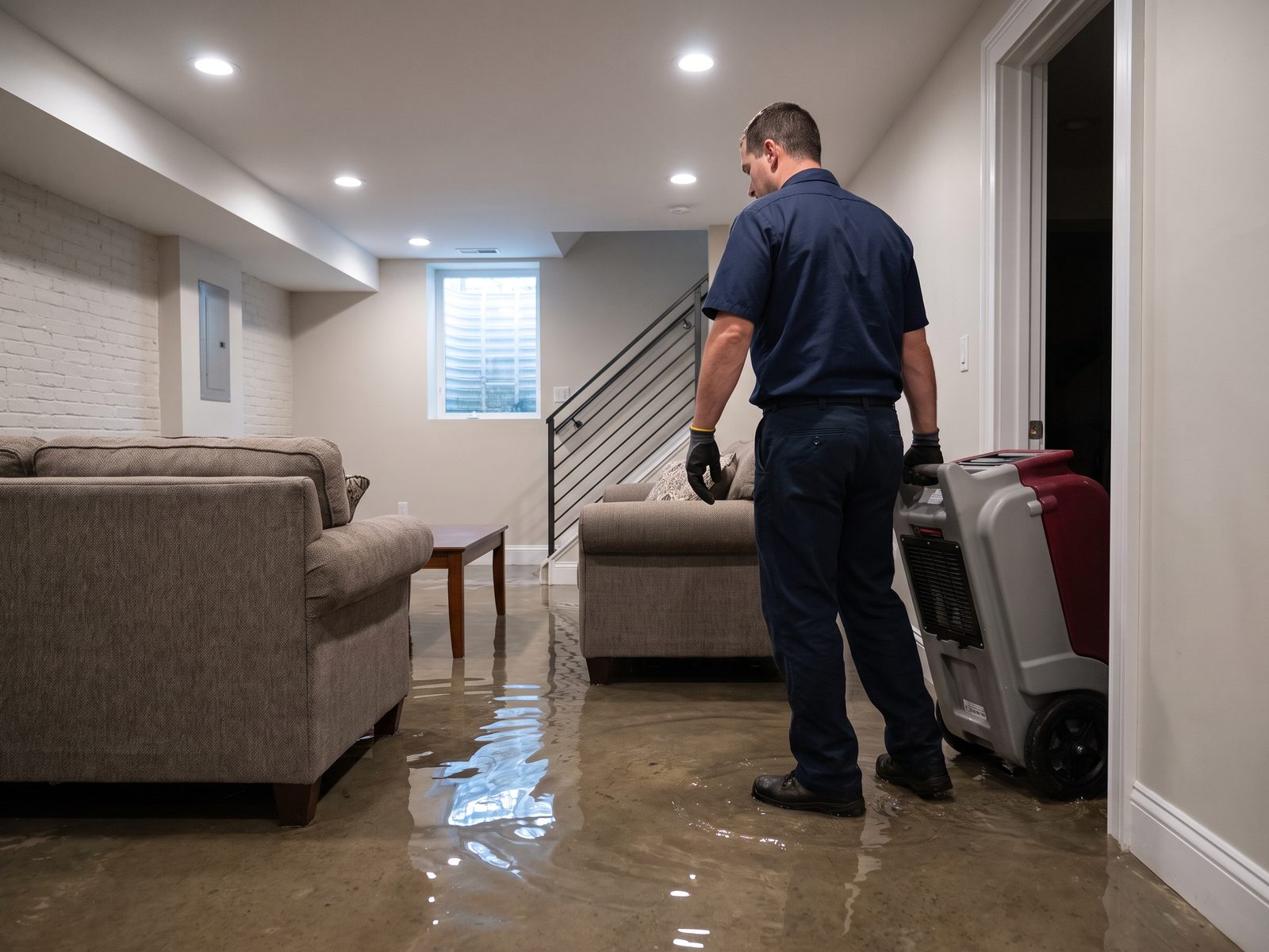Drying equipment going into a flooded finished basement Standing water across a finished basement floor as a technician wheels in a portable drying unit.
