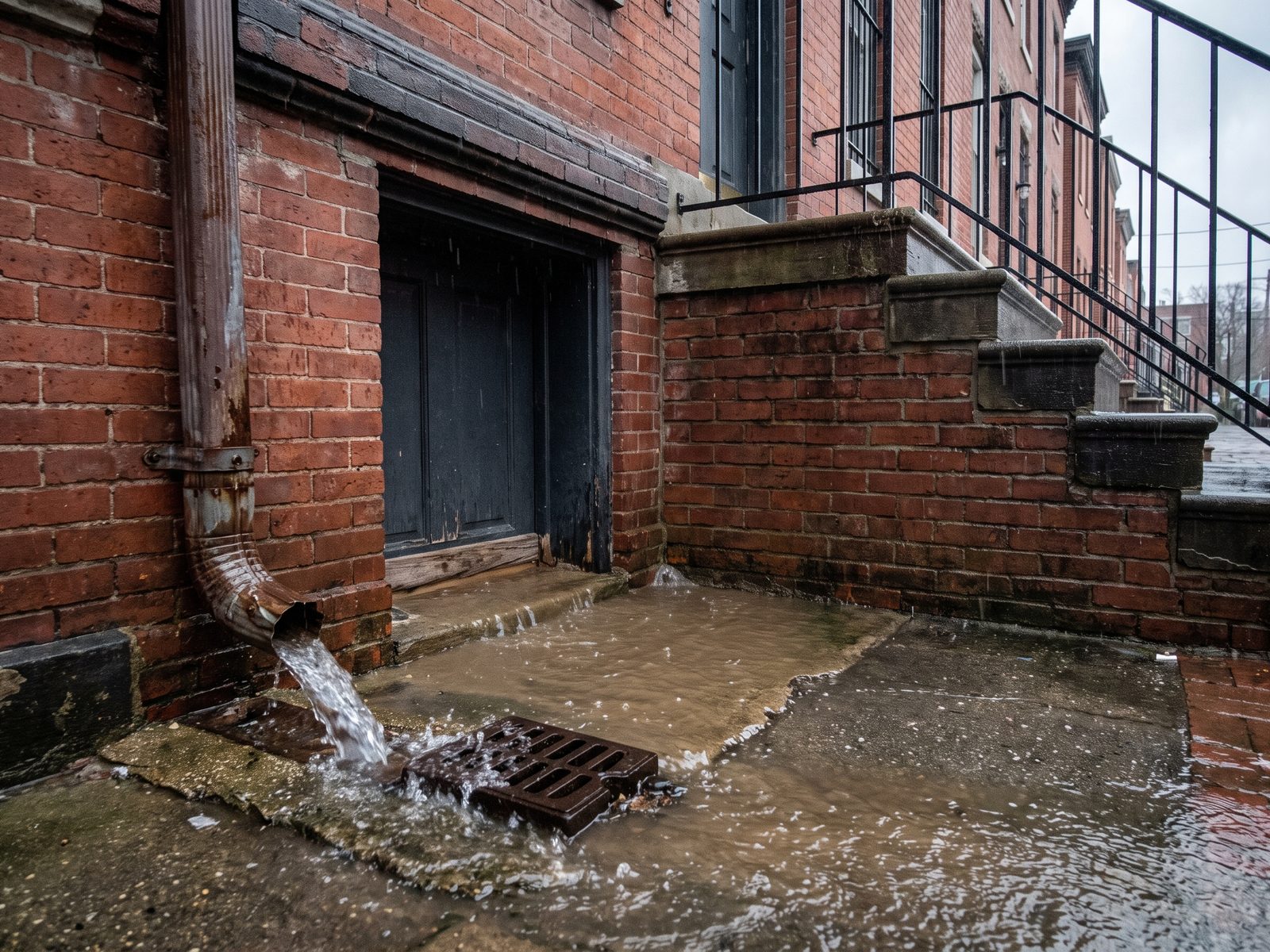 Rainwater pooling at a row house basement entry Rain pouring from a downspout into a row house areaway, pooling around an overwhelmed drain grate beside a basement door.