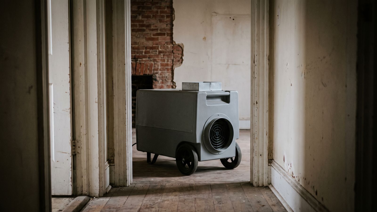 A single dehumidifier standing in a narrow doorway of an empty row house room with plaster cut away.