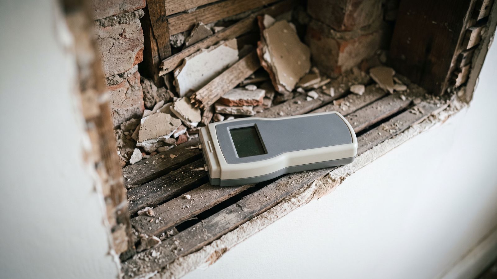 A handheld pin moisture meter lying flat on the exposed lath ledge inside a wall where plaster was cut away.