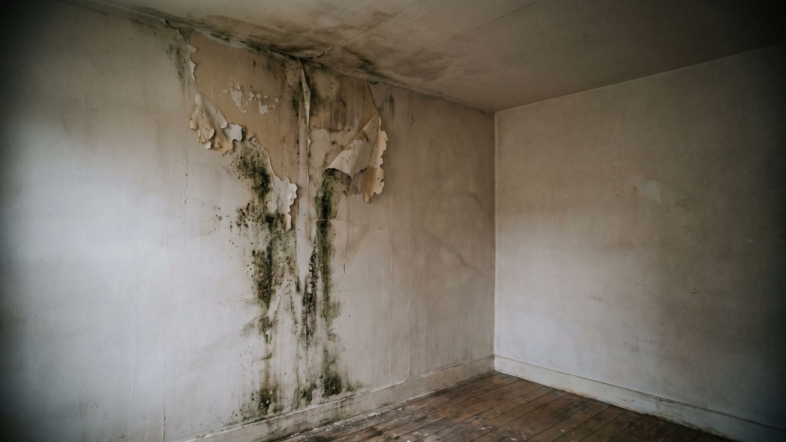 Black mold spreading below a ceiling line on a peeling wall Black mold spreading down a peeling plaster wall below the ceiling line of an empty older room