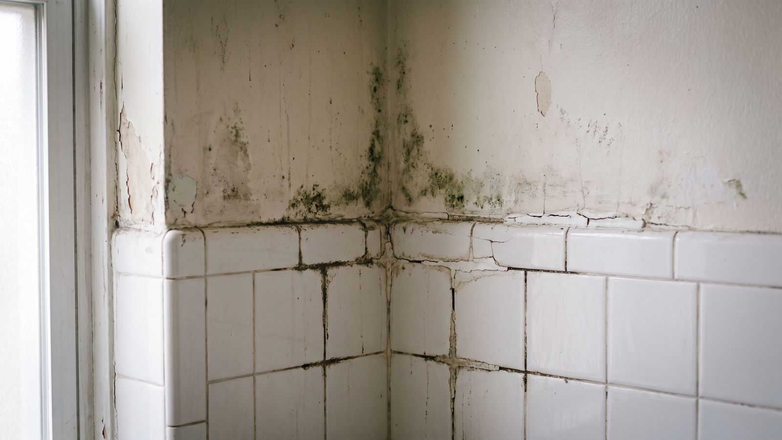 Black mold at failed bathroom tile grout and plaster Black mold in a bathroom creeping out of failed tile grout onto the damp plaster above the tile