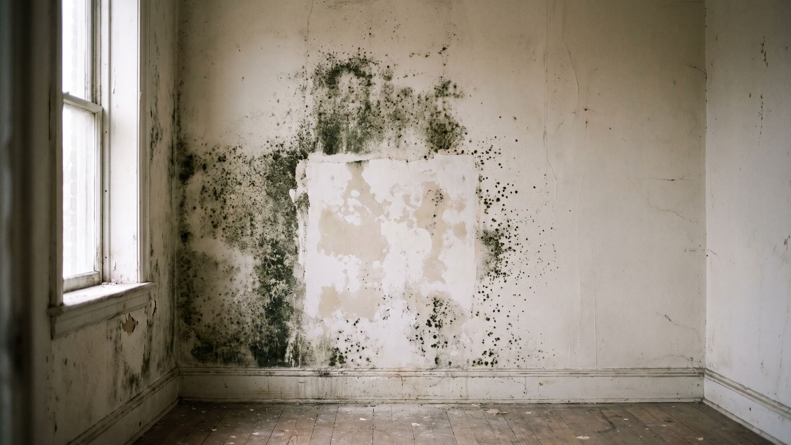 Black mold returning around a scrubbed wall patch Black mold coming back in fresh speckles around a scrubbed patch on a stained plaster wall