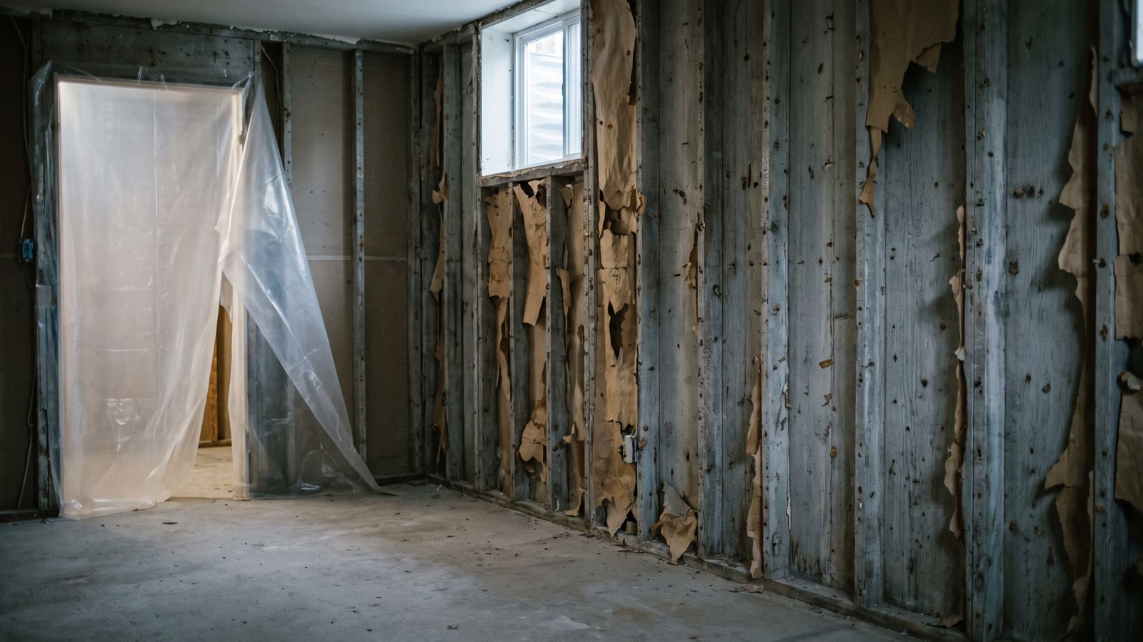 Stripped framing and containment after black mold removal Bare weathered studs and taped plastic sheeting in a below-grade room after black mold removal