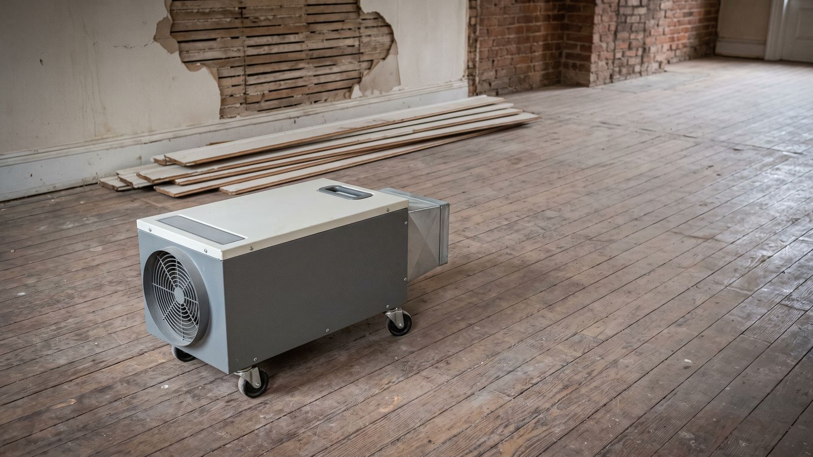 Drying unit and removed trim on a bare floor A low gray drying unit on four casters with a round grilled intake, beside stacked removed wood trim
