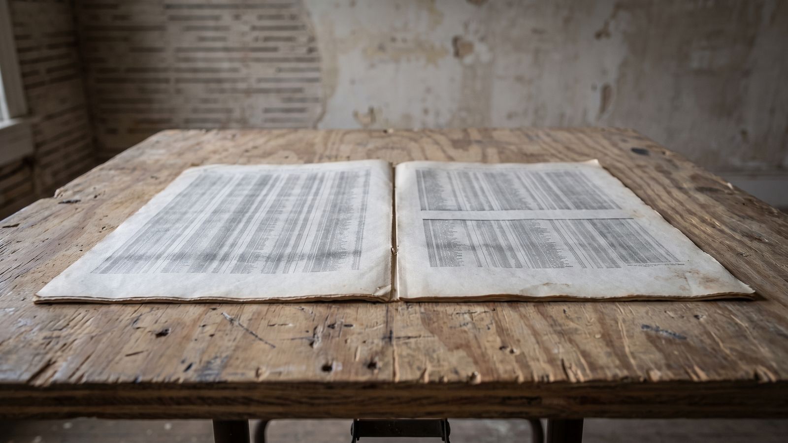 Line items on a sheet opened flat Two columns of faint printed line items on a single sheet opened flat on a rough plank table