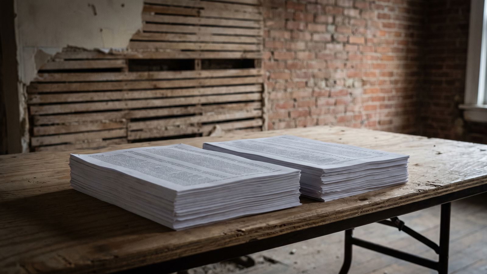 Carrier estimate and contractor invoice printouts Two thick stacks of unmarked printed pages on a plywood table in a stripped row house room with exposed lath and brick