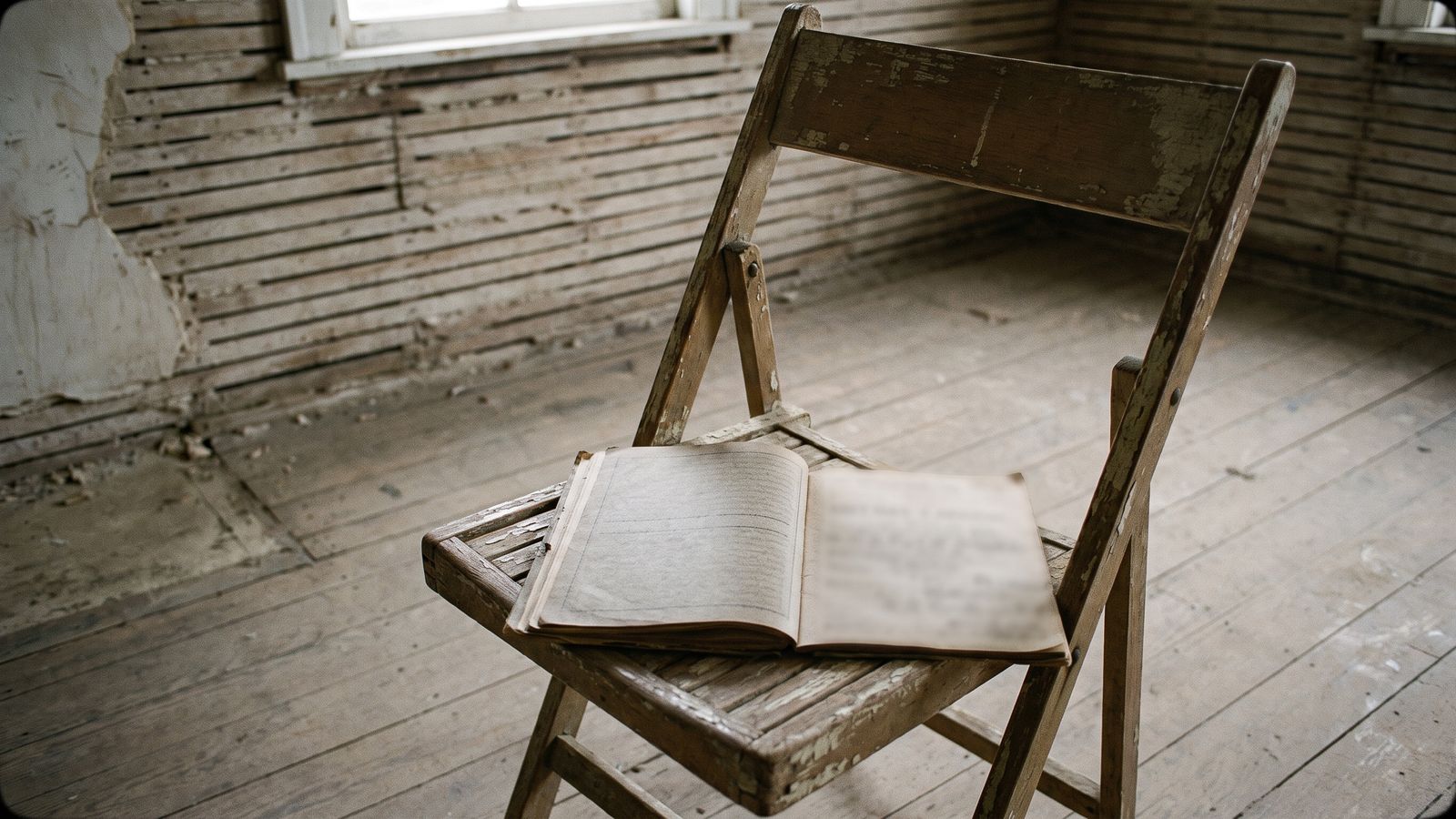 A written record open on a chair An open ruled notebook resting on a weathered wooden folding chair in a stripped row house room