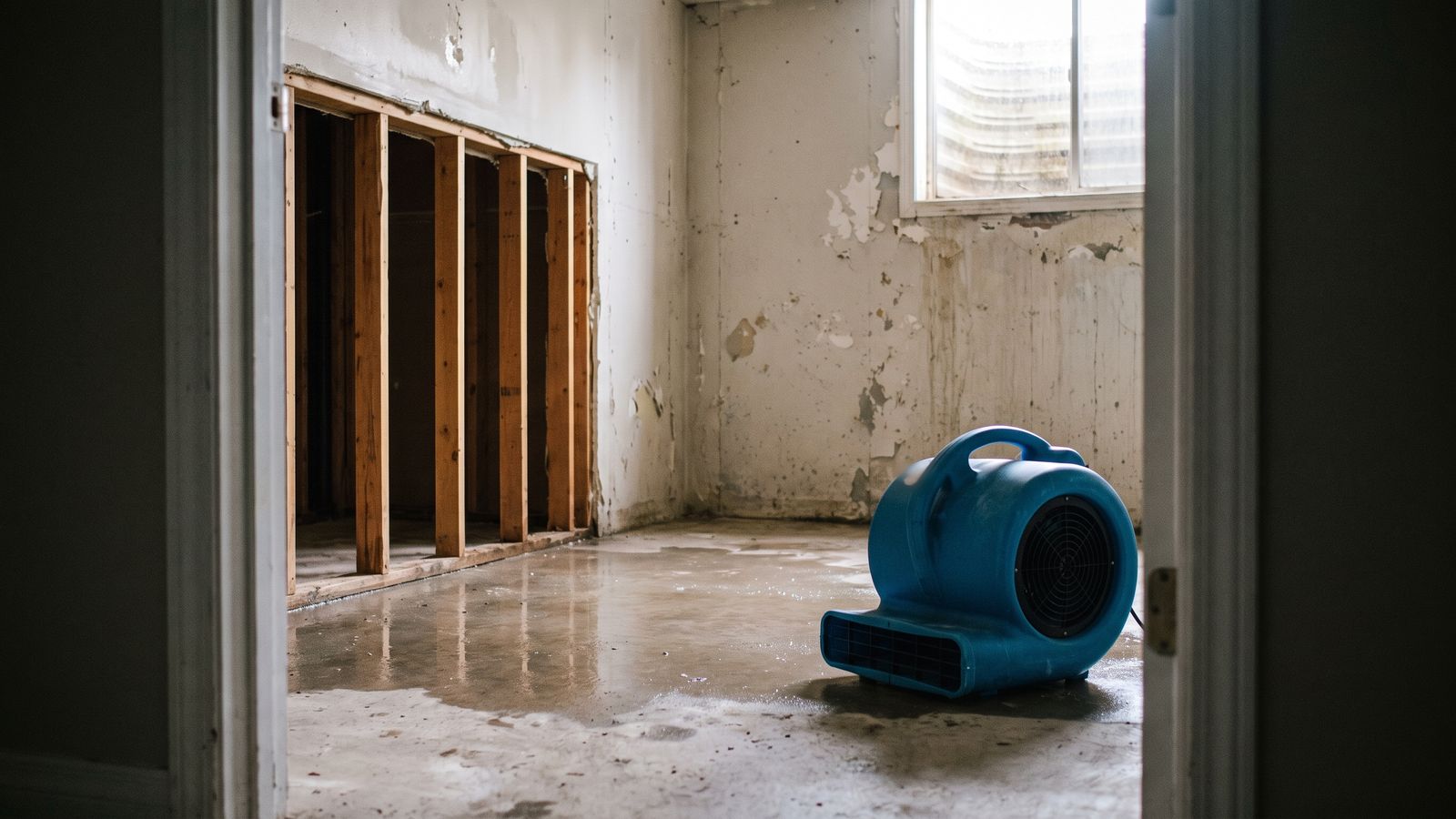 Air mover drying a stripped basement slab Blue centrifugal air mover drying a stripped basement slab after a cast iron pipe failure in a DC row house