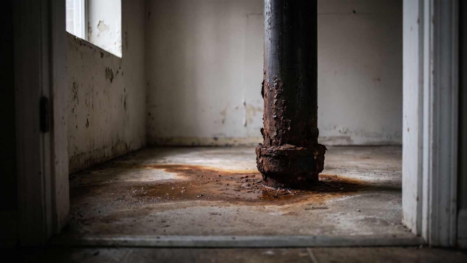 Corroded drain stack base on a damp basement slab Corroded drain stack base on a damp slab, the spot where cast iron pipe failure usually begins in DC homes