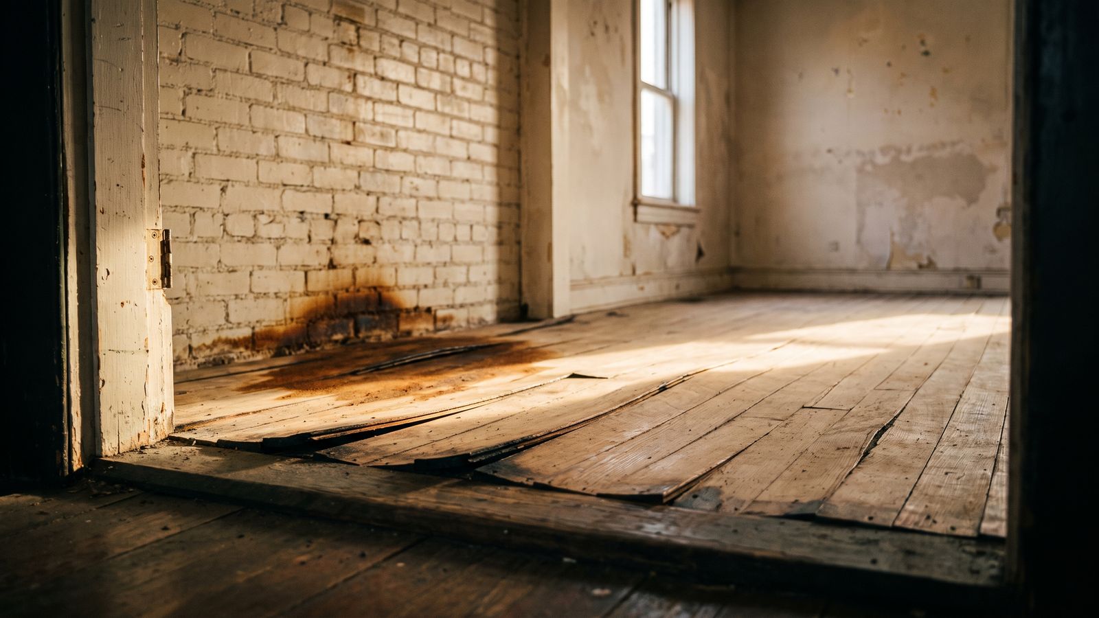 Buckled floorboards and rust staining at a threshold Buckled wood floorboards and rust-brown staining at a threshold, a warning sign of cast iron pipe failure in DC row houses