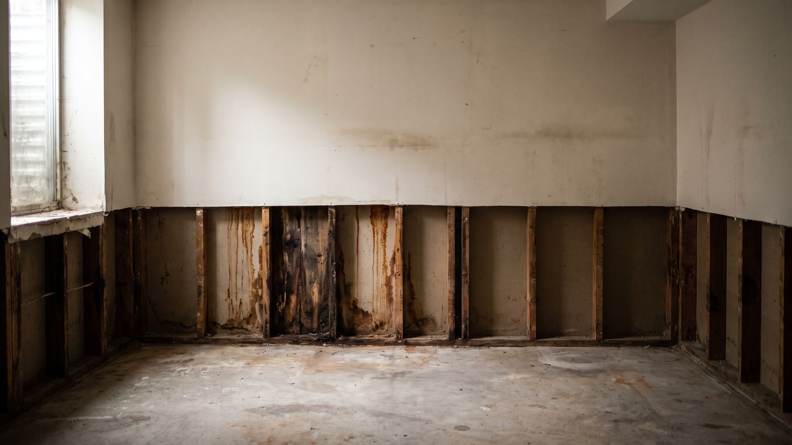 Flood cut exposing rotted and rust-streaked framing Flood cut two feet above the floor exposing blackened, rust-streaked studs from a cast iron pipe failure in DC