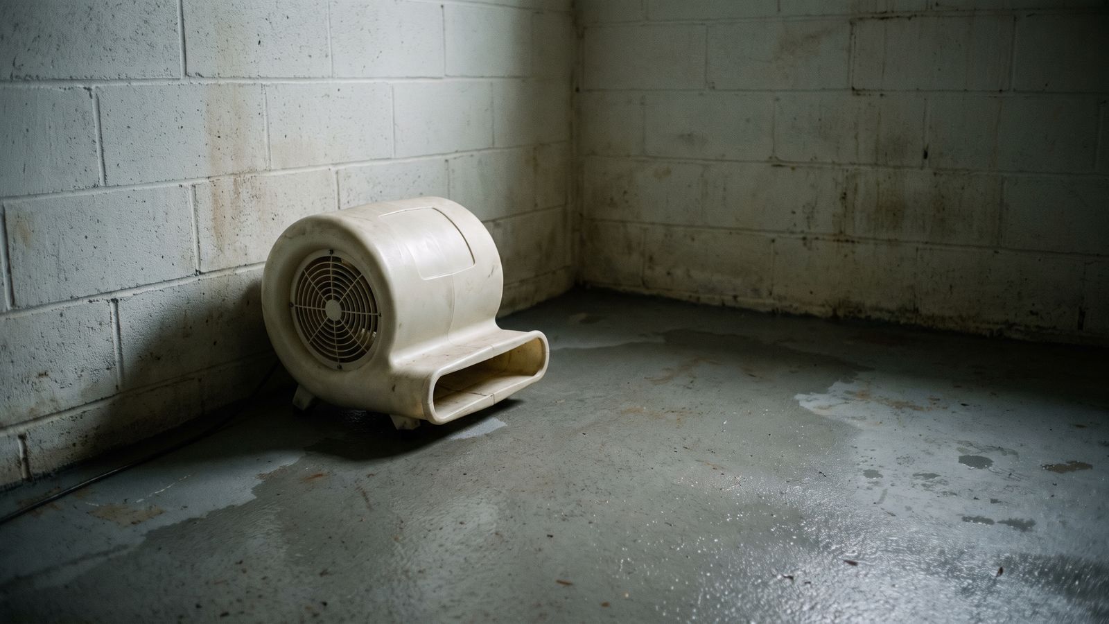 Centrifugal air mover on a damp basement slab Centrifugal air mover on a damp basement slab, the fast drying that holds a loss in the lower water damage categories