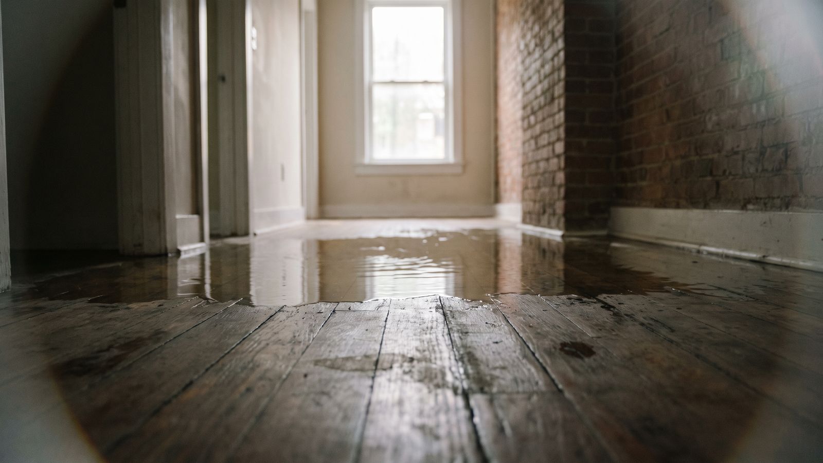 Clear water on wood plank flooring in a hallway Clear unstained water lying across wood plank flooring in a row-house hallway, the first of three water damage categories