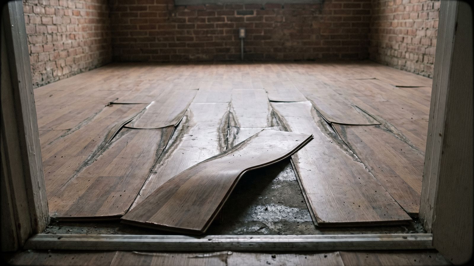 Buckled laminate planks lifted off a subfloor Buckled laminate planks lifted off a concrete subfloor, the porous flooring that water damage categories rule out drying