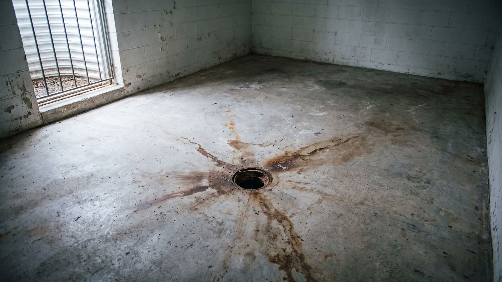 Floor drain with staining radiating across a slab Open floor drain with brown staining radiating across a stripped slab, the worst of the water damage categories