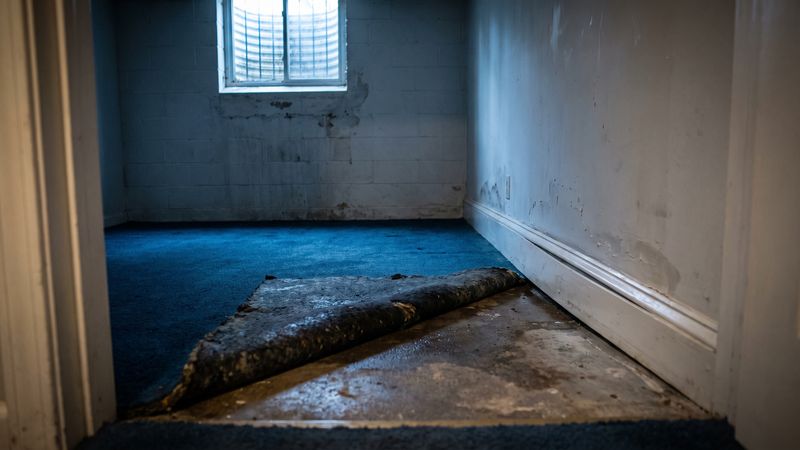 Saturated basement carpet rolled back off a damp concrete slab, where water damage categories are decided