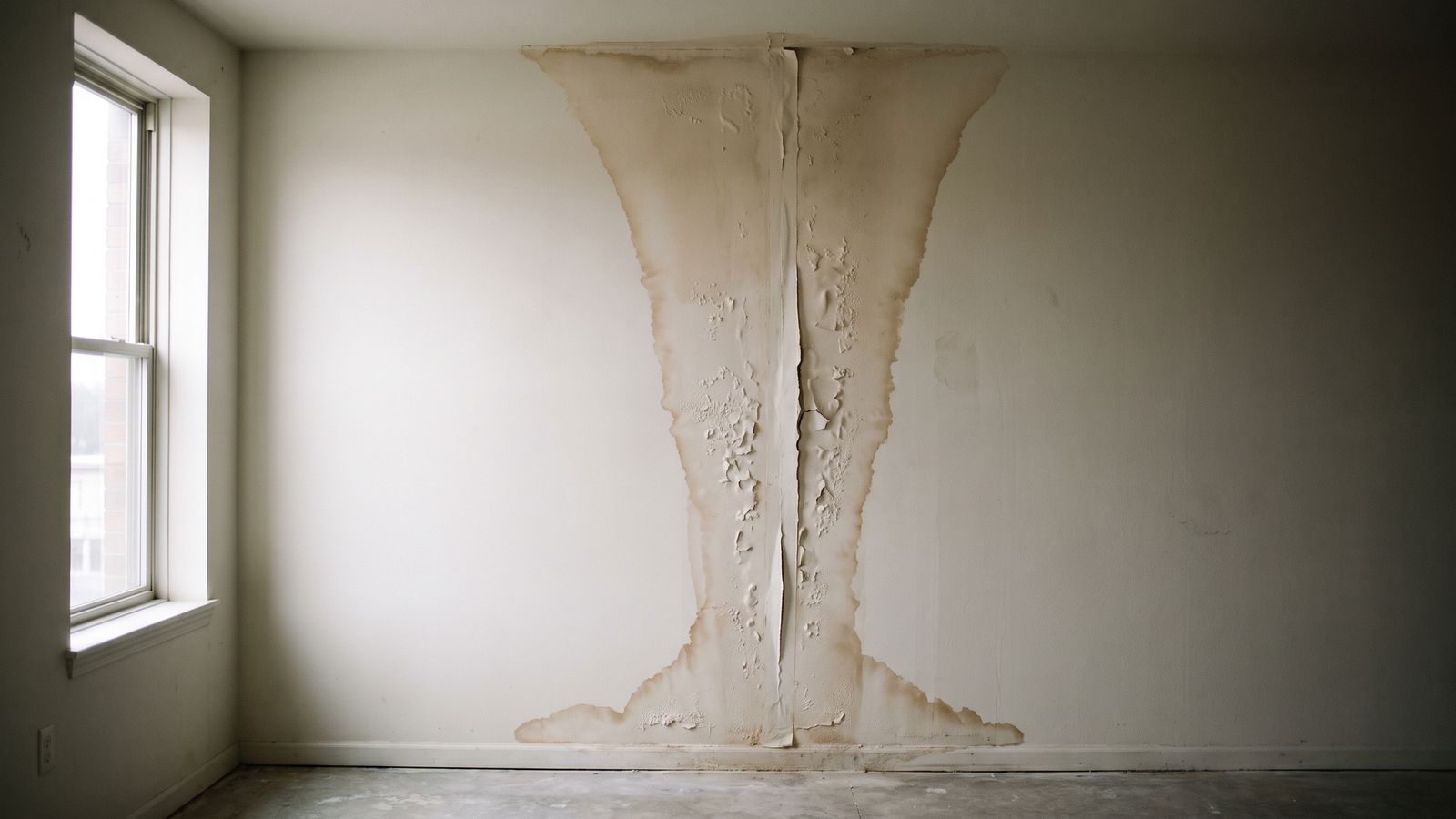 Water stain down a wall from the ceiling seam Water stain running down a painted wall from the ceiling seam, the source trail behind ceiling leak DC condo responsibility.