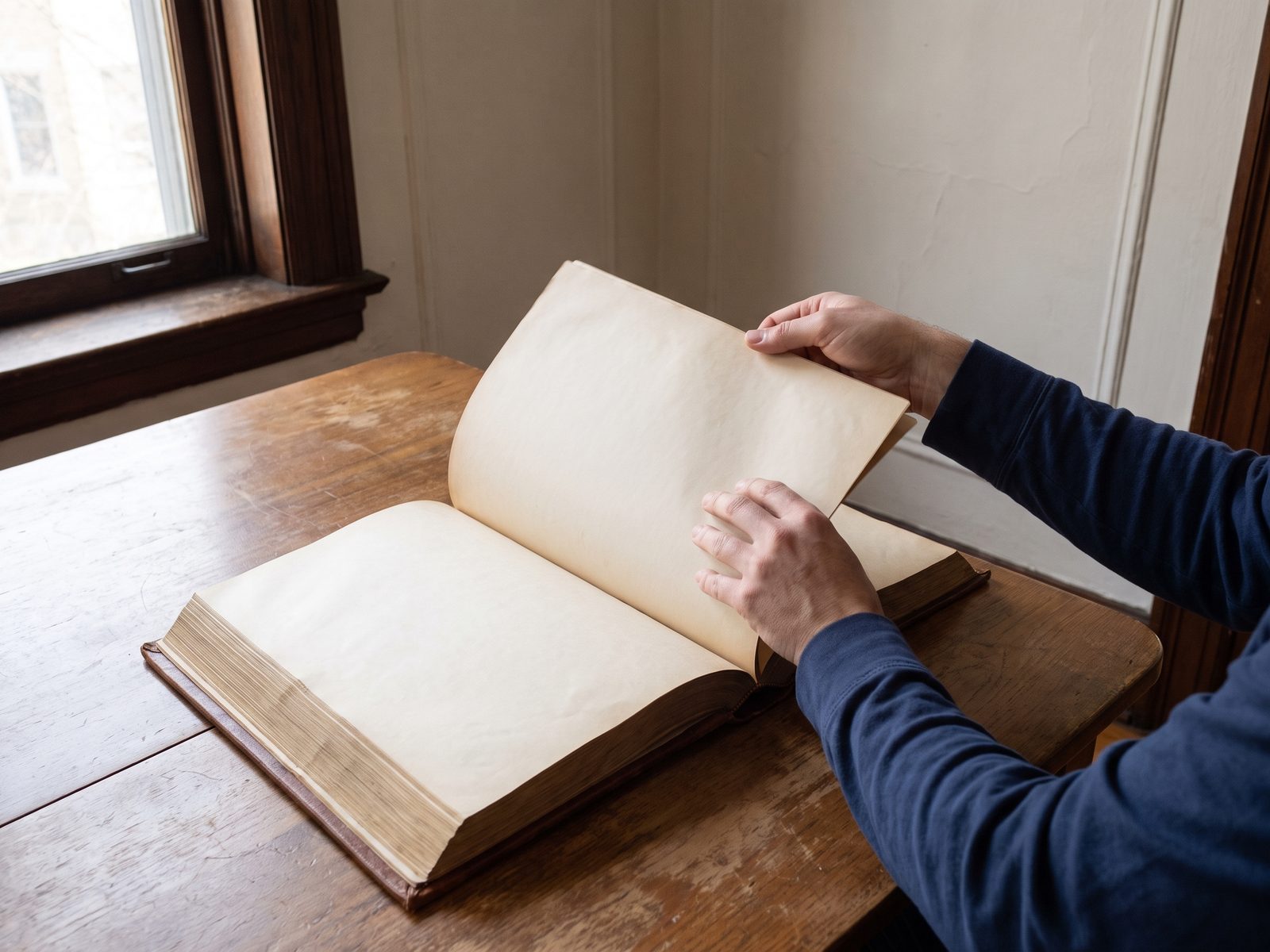 Turning the pages of a bound document Hands turning the pages of a large bound book on a wooden table beside a window.