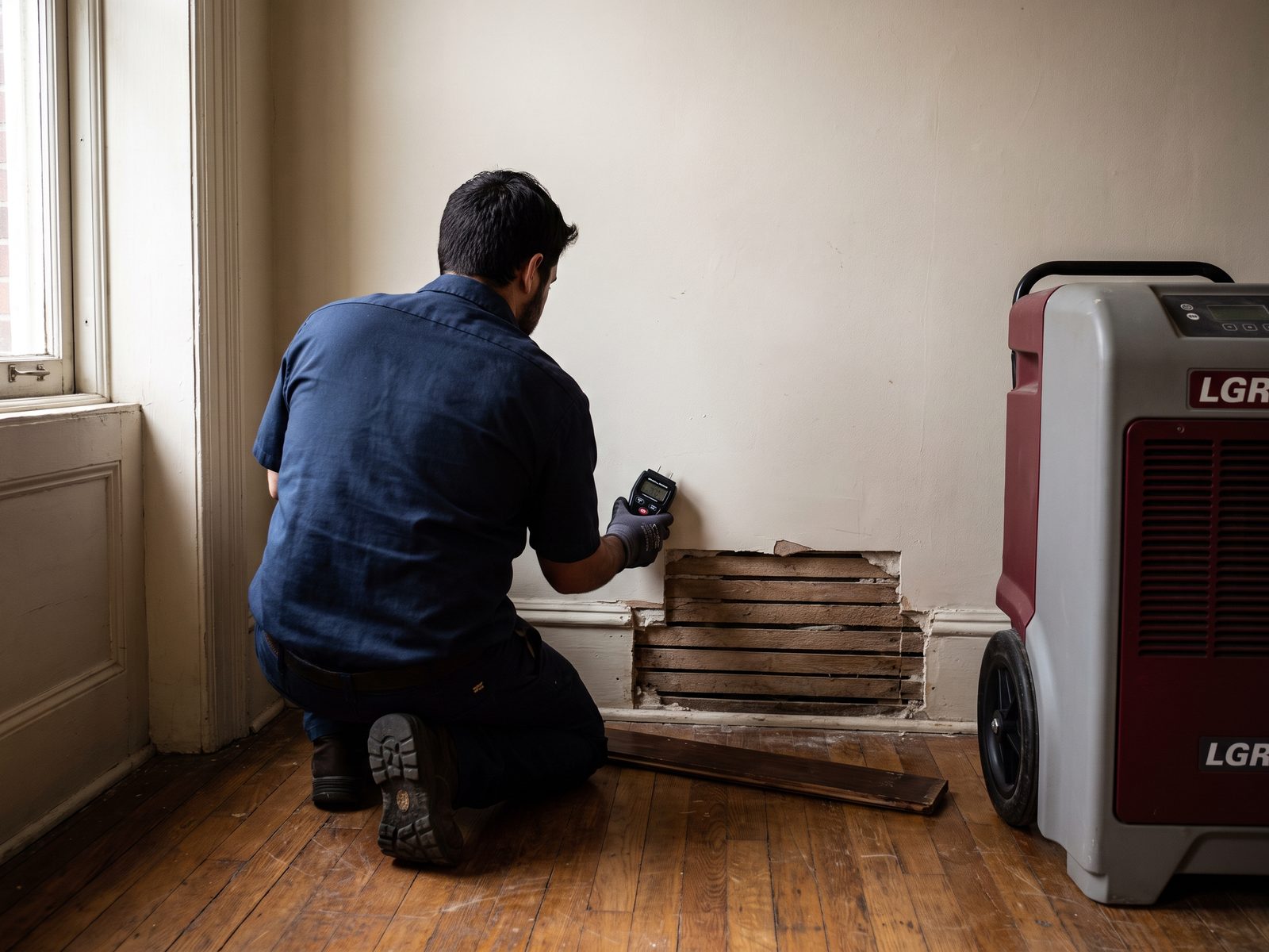 Metering a wall before deciding what comes out Technician holding a moisture meter against the base of a plaster wall beside a removed section of baseboard.