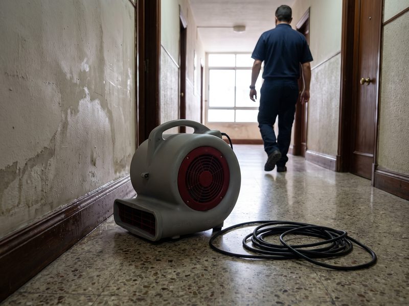 Air mover running against a damp corridor wall in a mid-century multi-unit building as a technician walks down the hallway.