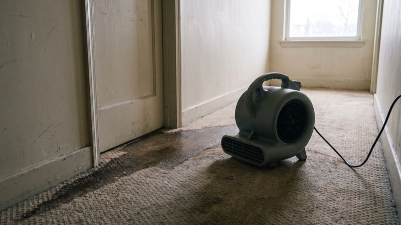 Air mover drying wet carpet where water has tracked under a unit door, a common DC co-op water damage path.