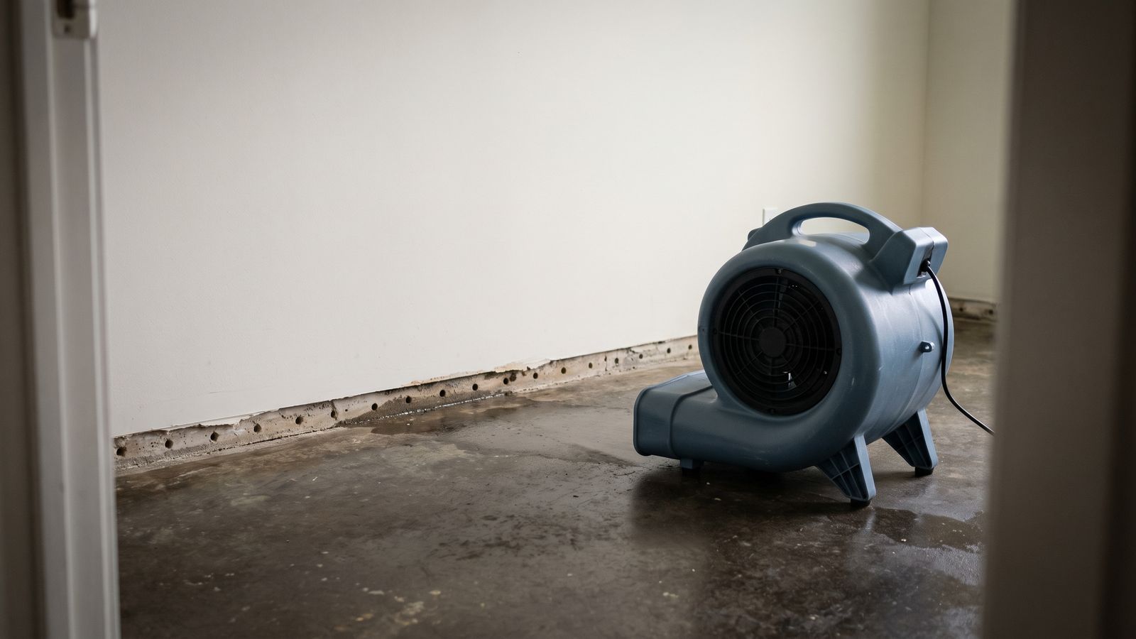 Air mover drying a stripped wall base Centrifugal air mover beside a line of drilled weep holes where the baseboard was removed, condo structural drying in DC
