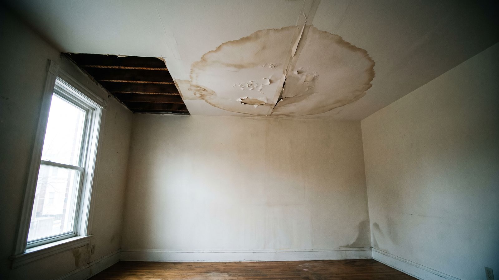 Stained condo ceiling opened to bare joists Water-stained condo ceiling with blistered paint, cut back to bare joists, a condo water damage HO-6 policy question