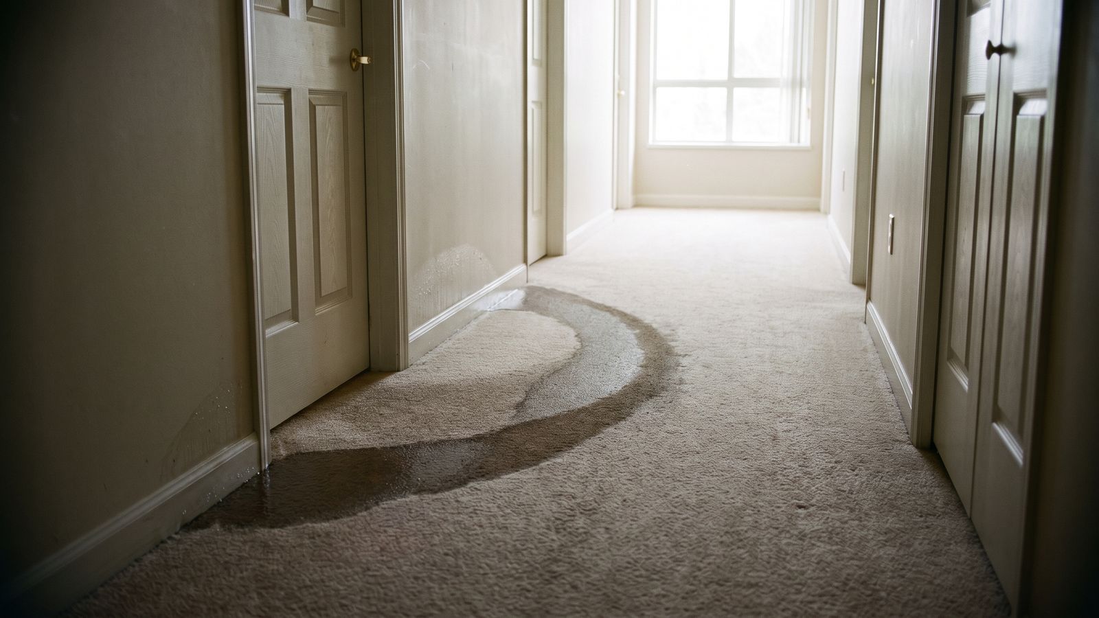 Water tracking across a condo corridor carpet Water spreading across a carpeted condo corridor from an open doorway in a DC condo water damage claim