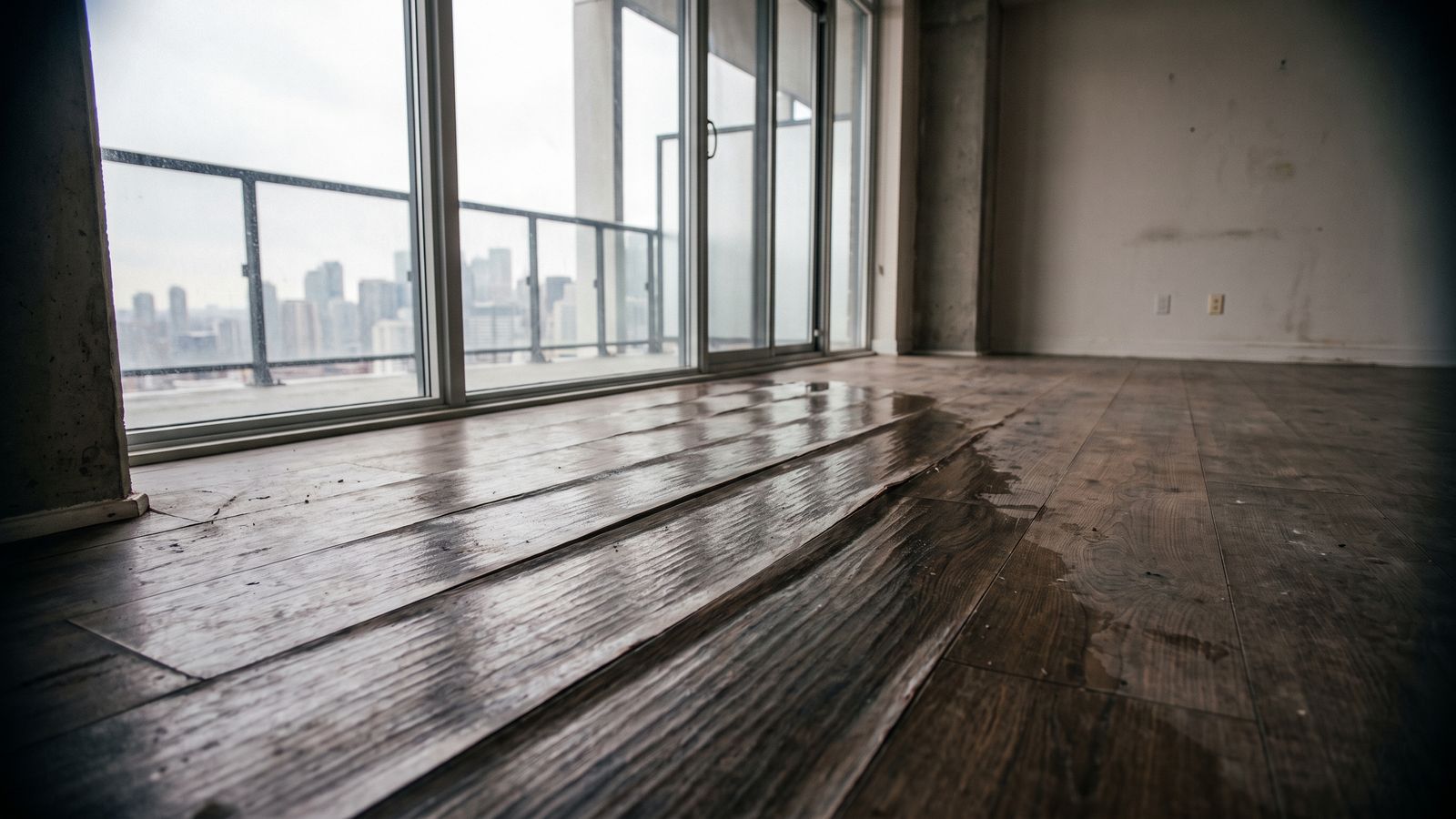 Buckled plank flooring in a high-rise condo Cupped and buckled plank flooring in an empty high-rise condo unit, the loss condo water damage documentation records