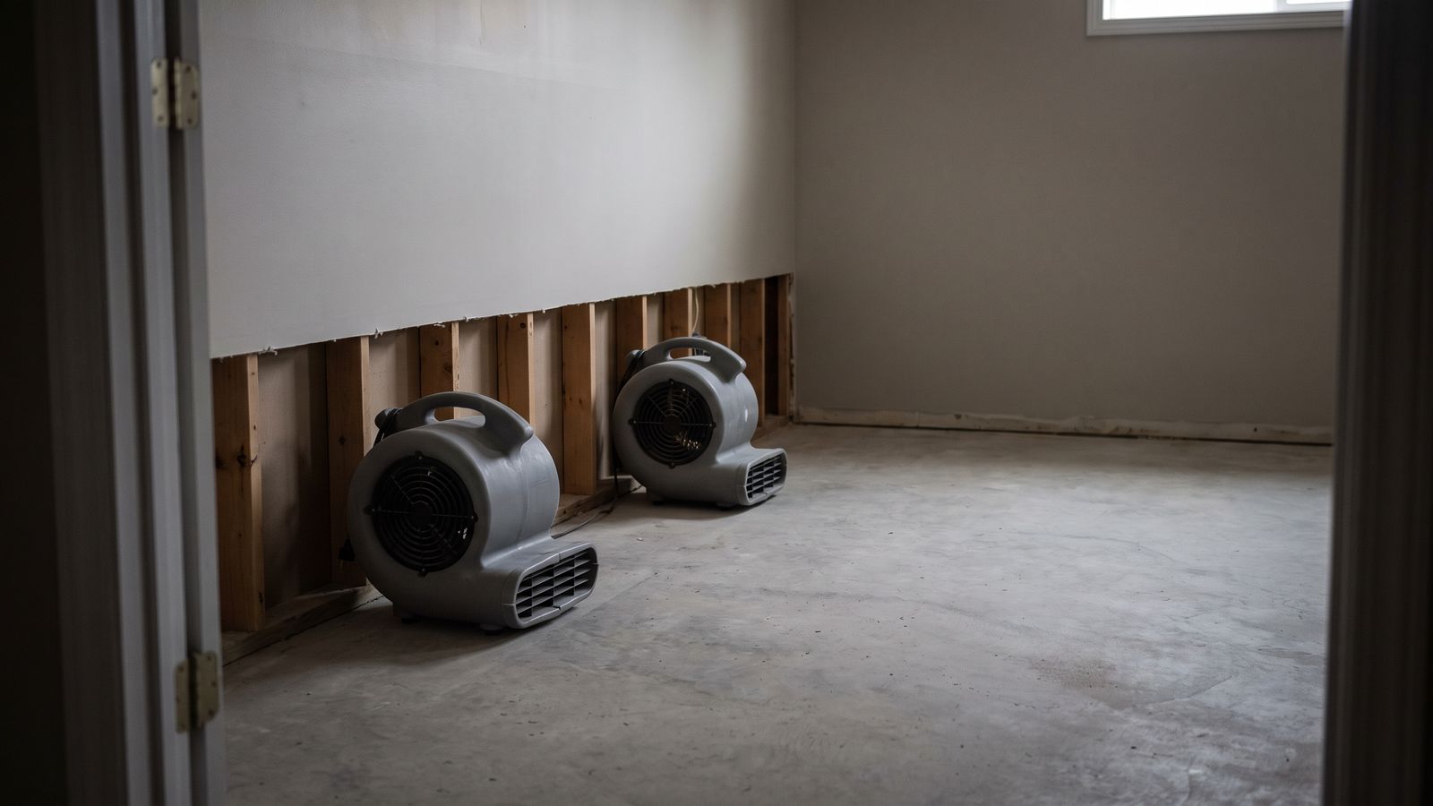 Two centrifugal air movers on a basement slab beside a flood cut in the drywall after DC basement flooding