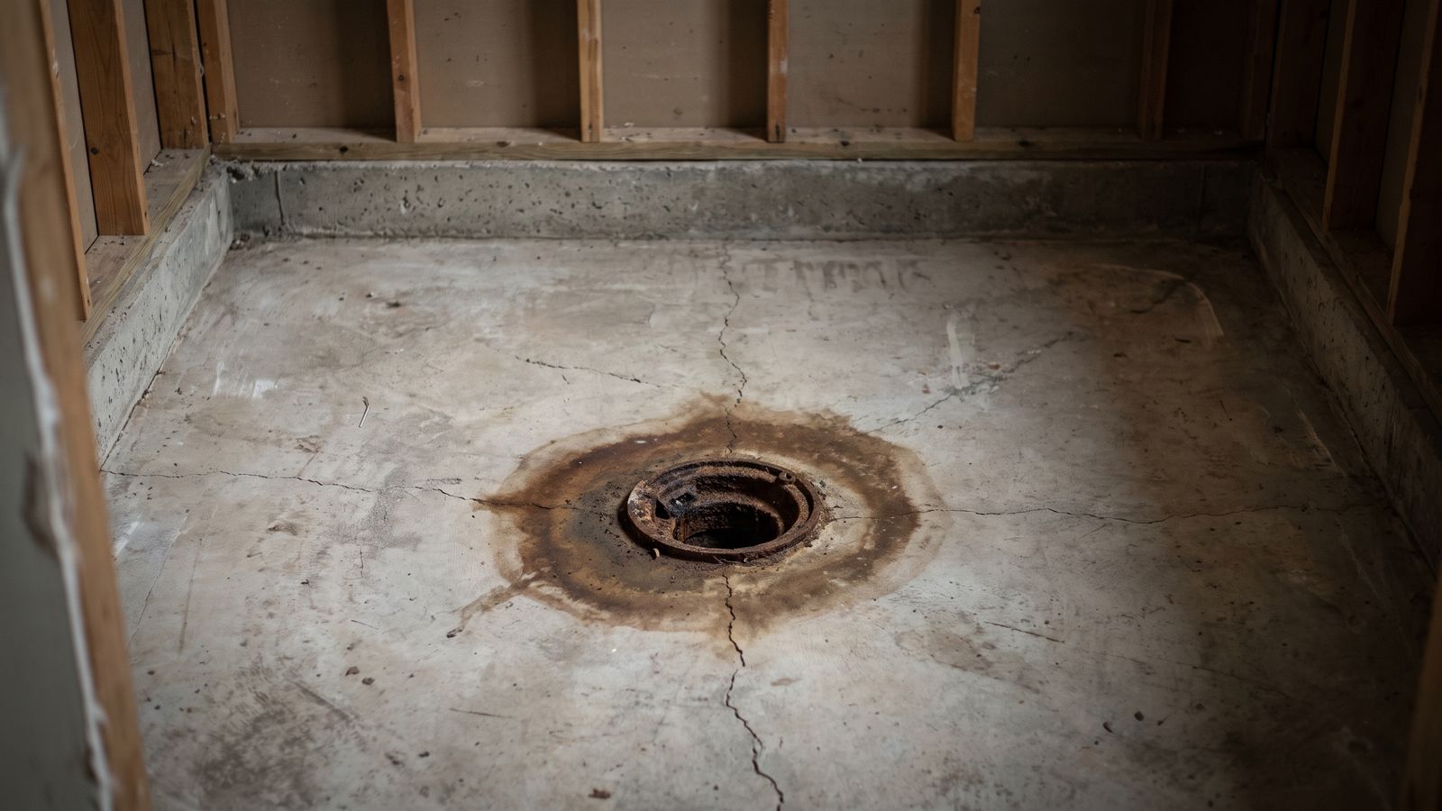 Open floor drain ringed by brown staining on a stripped basement slab after DC basement flooding