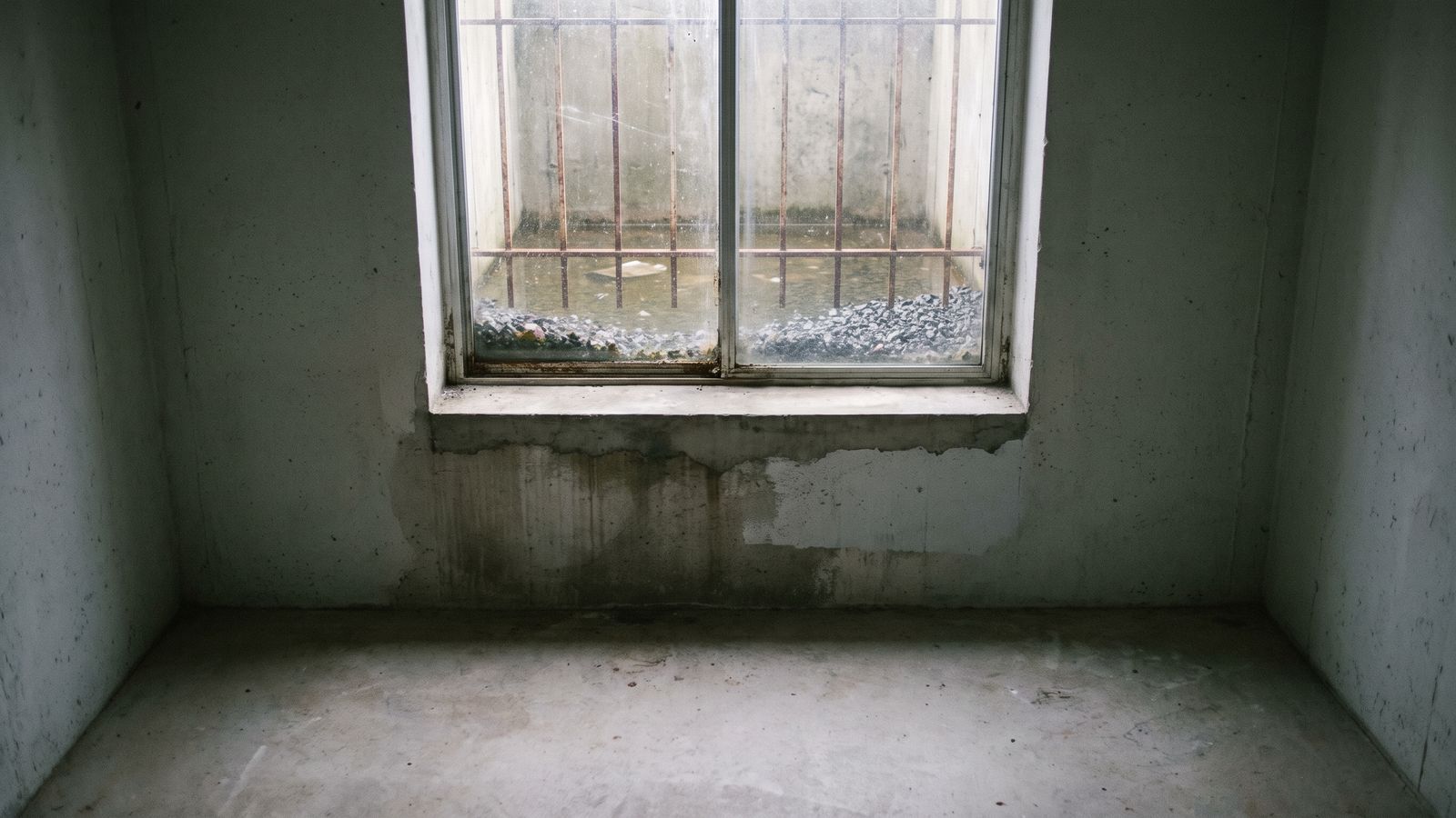 Basement window well holding standing water over gravel behind security bars, a DC basement flooding risk