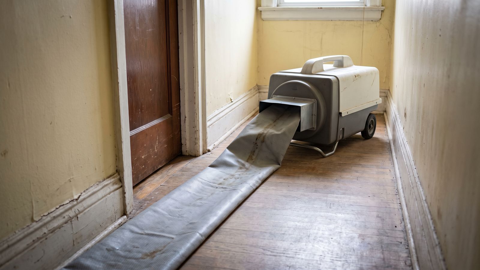 A flat drying duct runs along a corridor floor past an open doorway to a dehumidifier by the window
