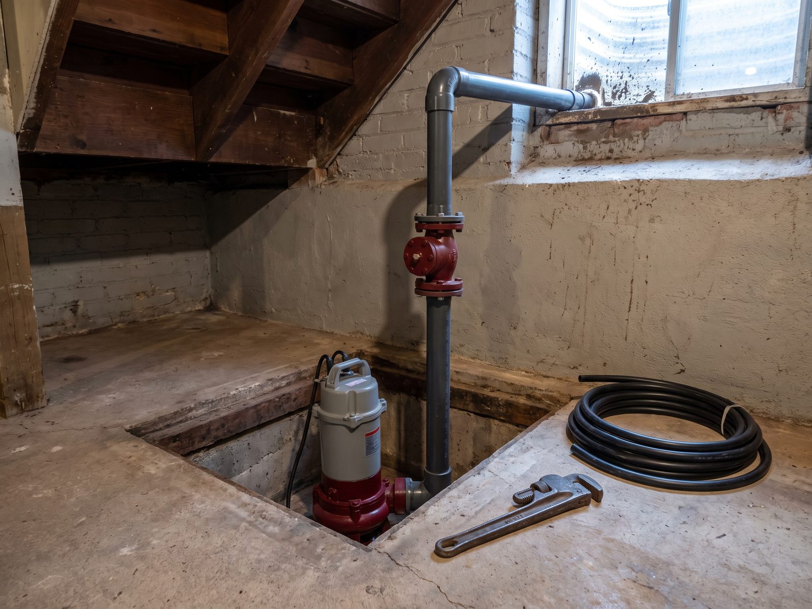 Sump pump and discharge line in a basement pit Sump pit with a newly fitted pump and check valve, discharge line rising and turning out through the foundation wall.
