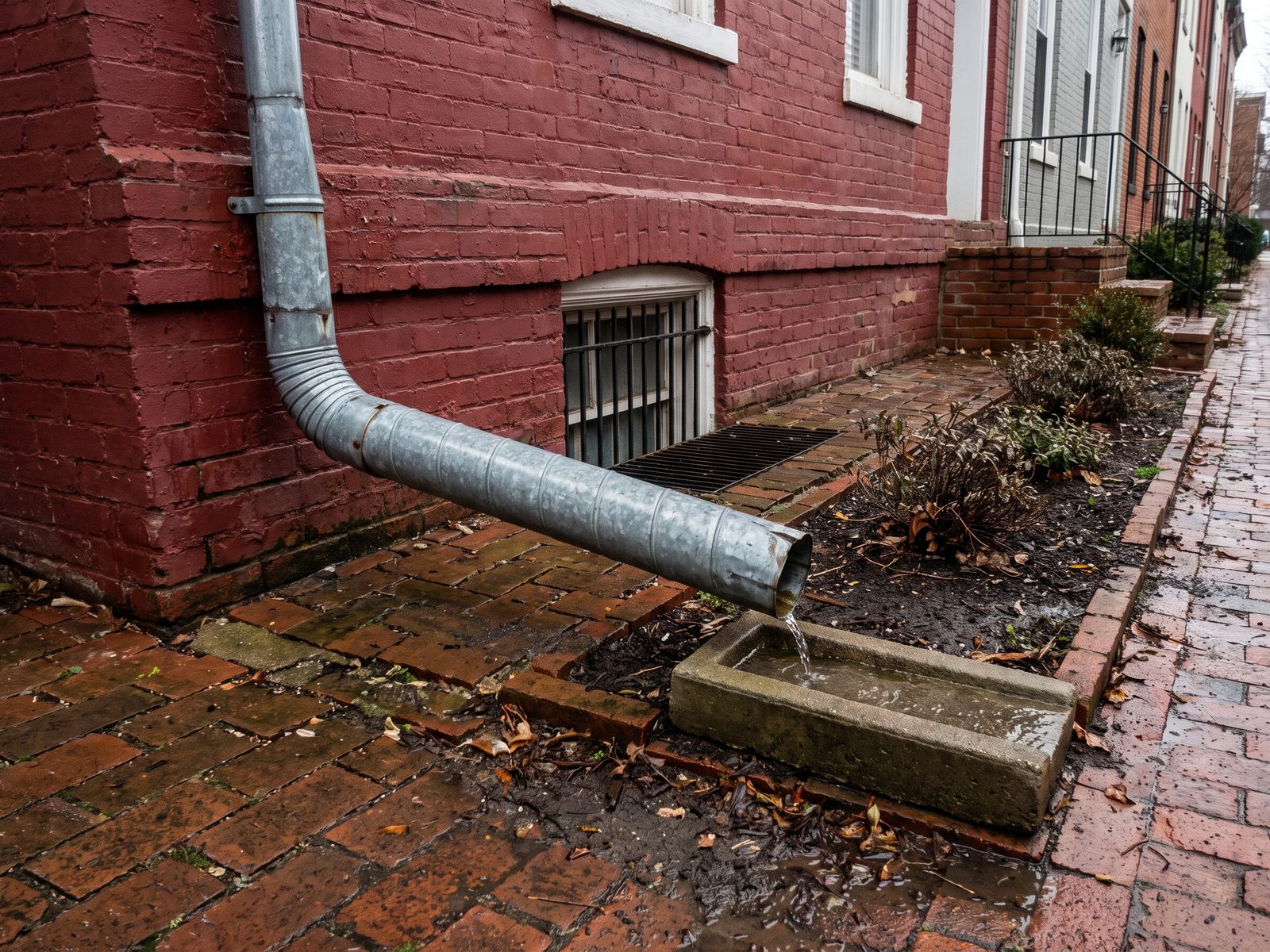 Downspout extension away from the foundation Downspout extension carrying roof water away from a row-house foundation to a splash block at the property edge.