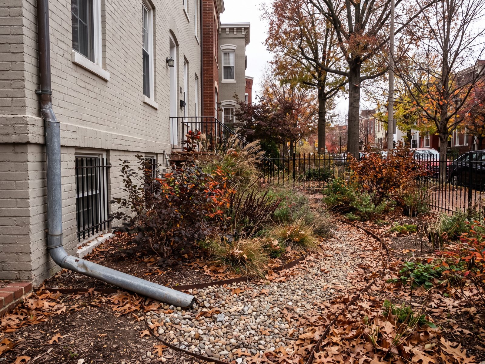 Rain garden beside a row-house foundation Downspout discharging into a gravel bed and planted rain garden beside a brick row house in autumn.
