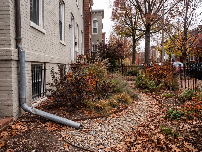 Downspout discharging into a gravel bed and planted rain garden beside a brick row house in autumn.