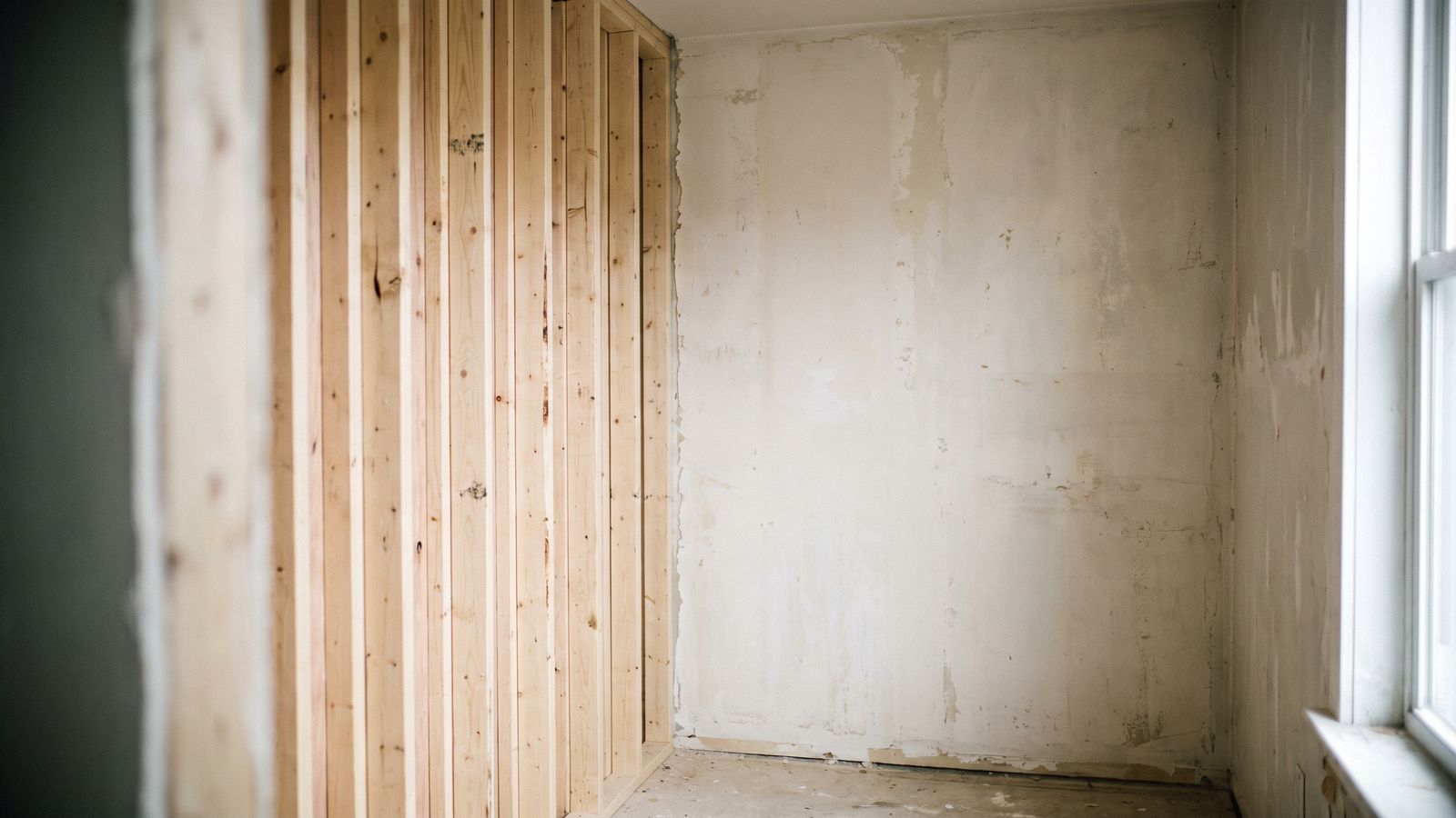 Rebuild scope begins A newly framed wood-stud partition standing beside a bare, stained plaster wall with the trim off