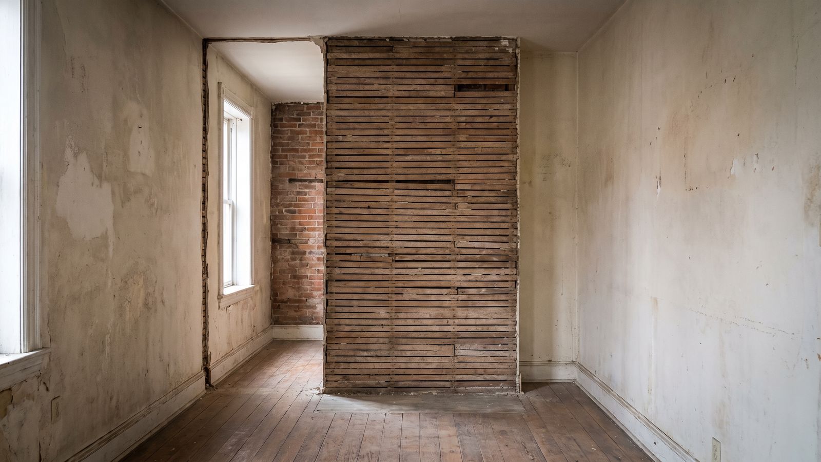 Drying scope stops here A row-house wall cut back to the wood lath and brick party wall, with the floor swept clean