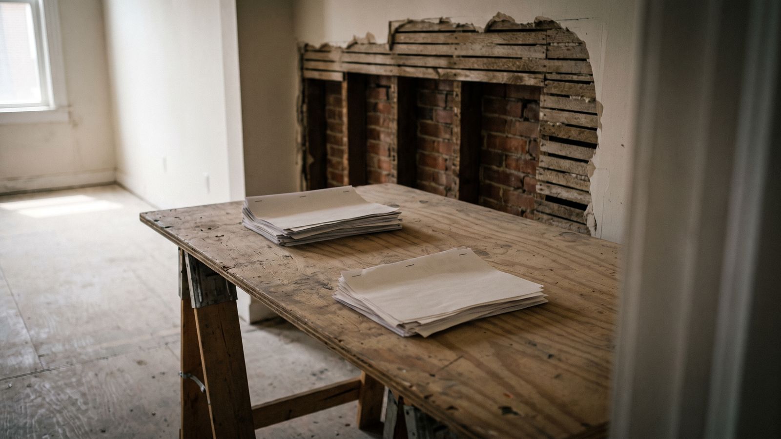 Two documents, two scopes Two thick stacks of stapled paper on a plywood table in front of a row-house wall cut to the lath