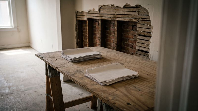 Two thick stacks of stapled paper on a plywood table in front of a row-house wall cut to the lath