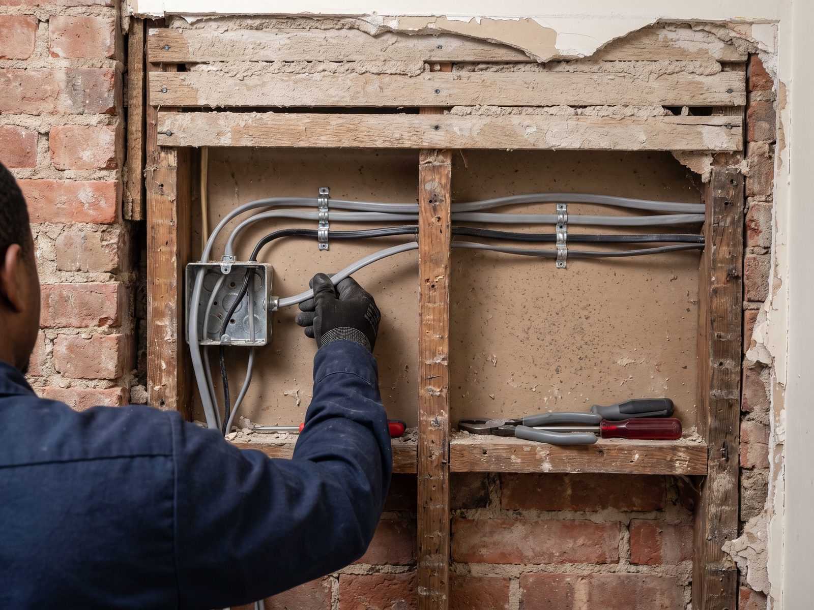 Electrical rough-in inside an opened wall Technician reaching into an opened plaster-and-lath wall cavity, steadying cable at a junction box.