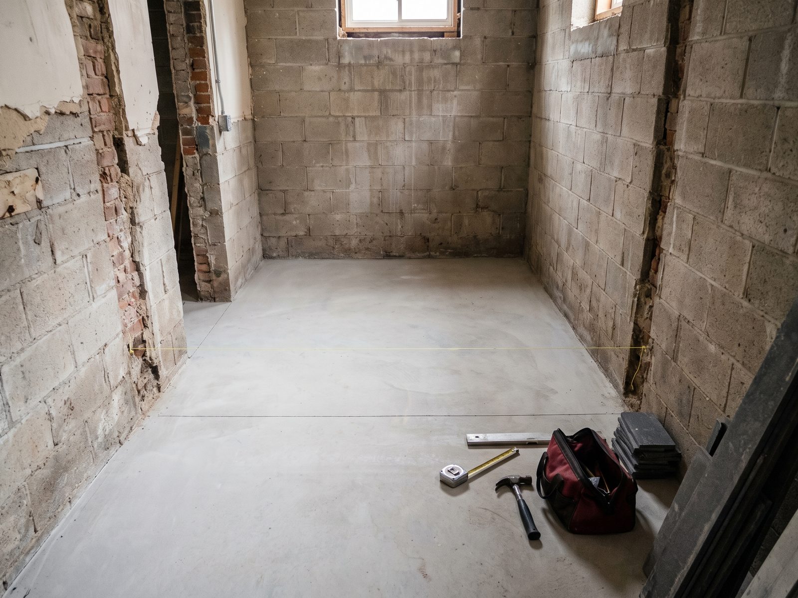Laying out a below-grade rebuild Stripped basement with bare block walls and a clean slab, a string line marking out a new partition across the floor.