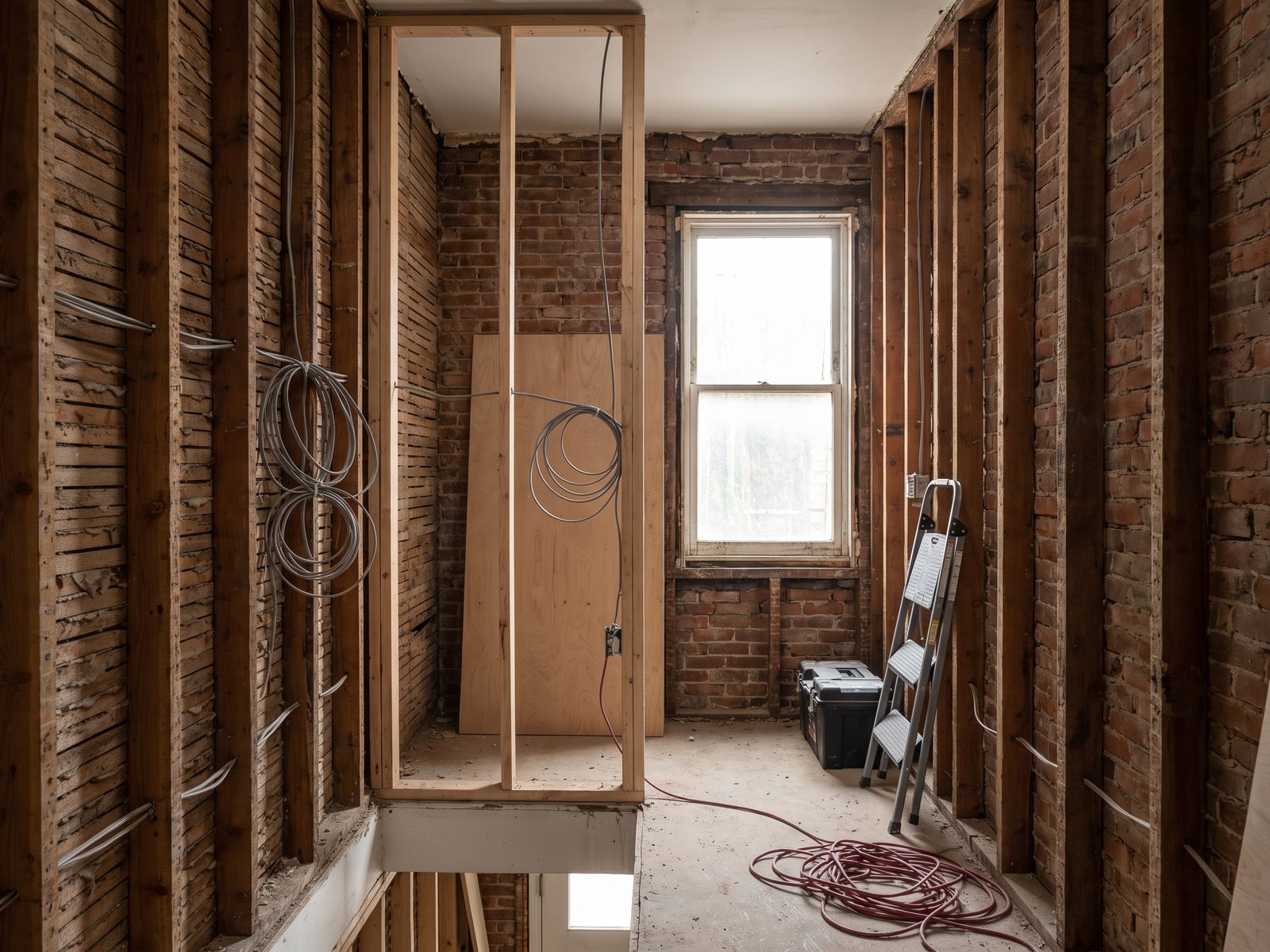 Row-house room mid-rebuild with new framing Room part way through rebuild with new framing against old brick and electrical rough-in, daylight from a rear window.