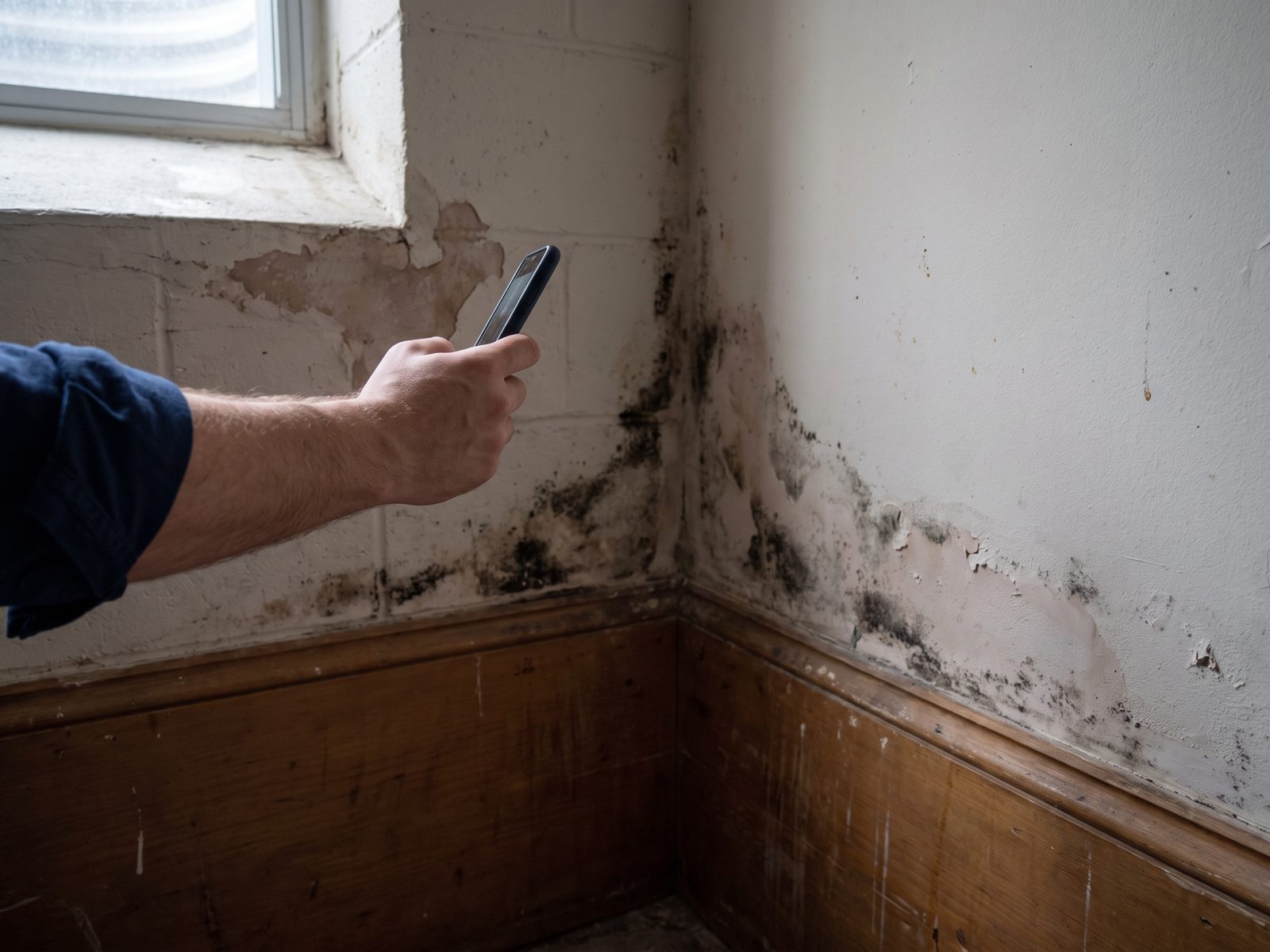 Photographing a stained wall corner Hand holding a phone up to photograph a stained corner where two painted walls meet.